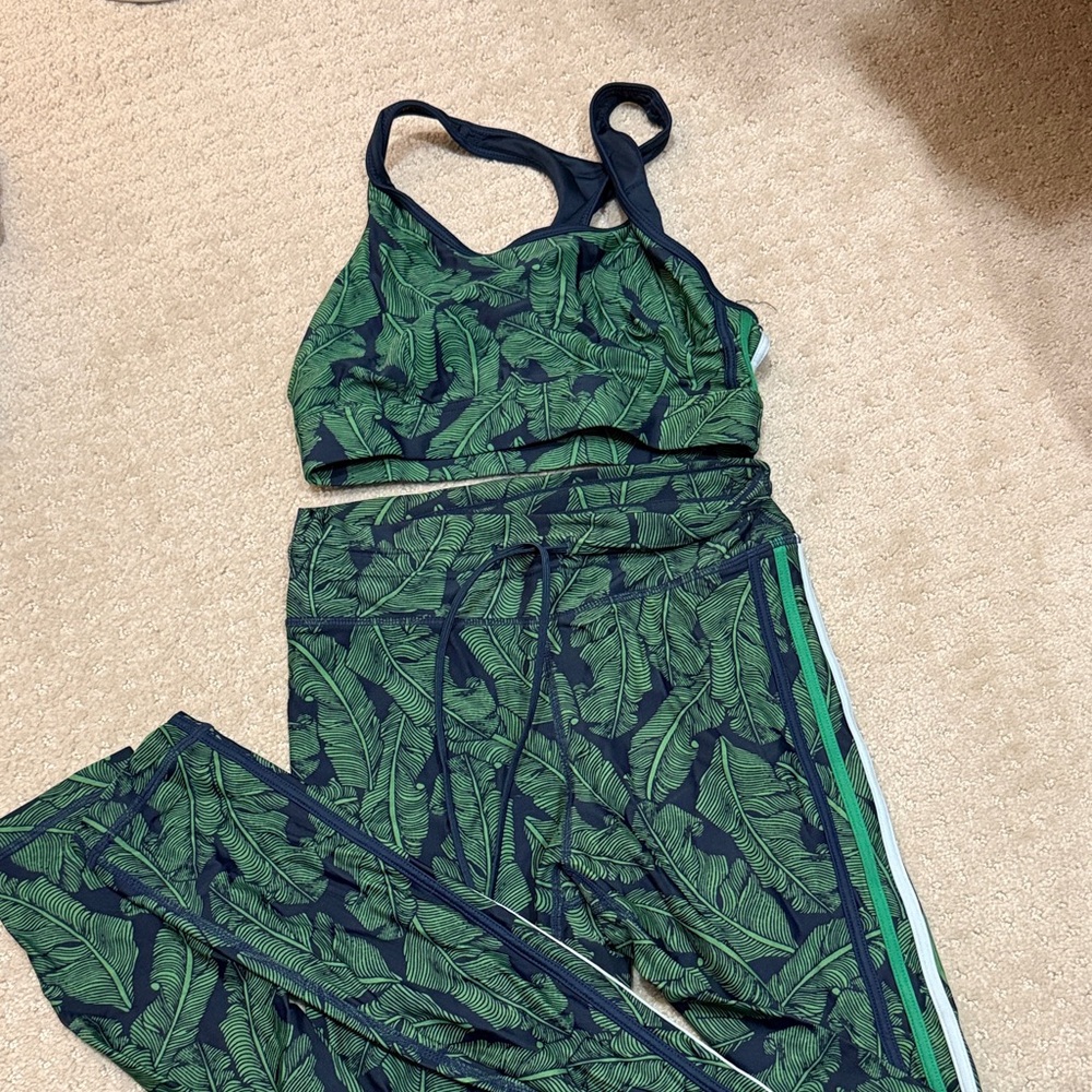 The Upside Green Leaf Pattern Activewear Set Leggings and Bra